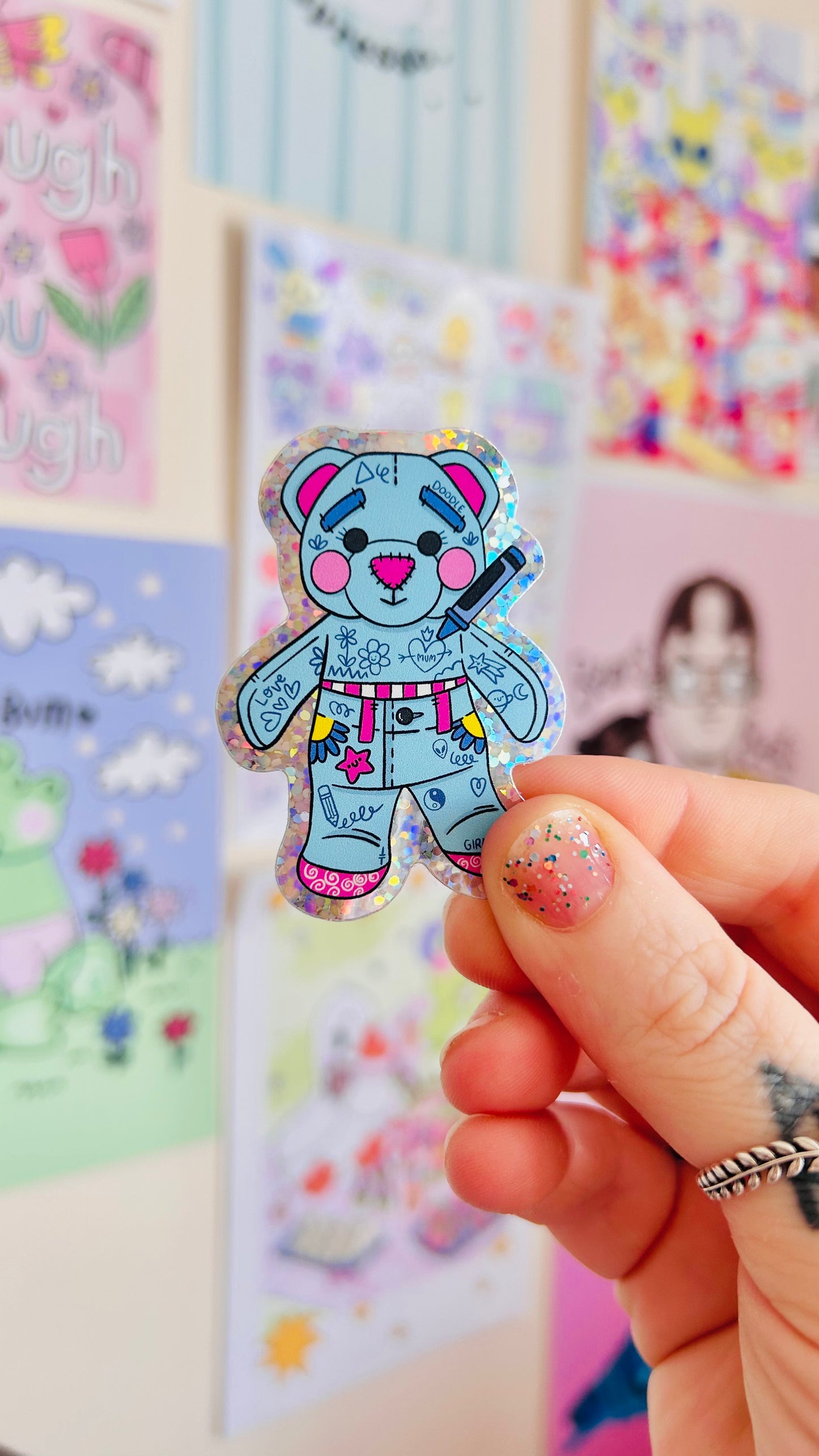 Doodle Bear - Glitter Vinyl Sticker