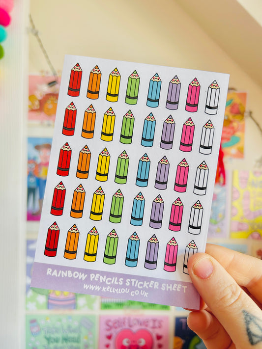 Mini Rainbow Pencils - Paper Sticker Sheet (New)