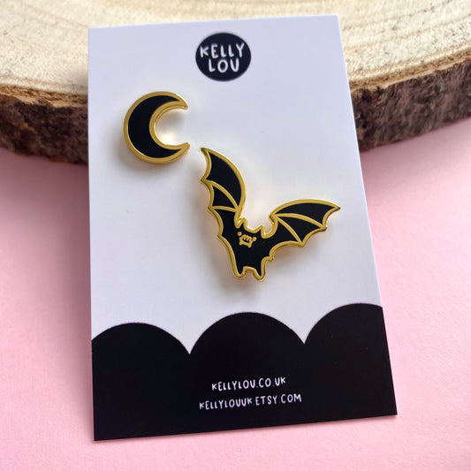 Bat & Crescent Moon Enamel Pin Set
