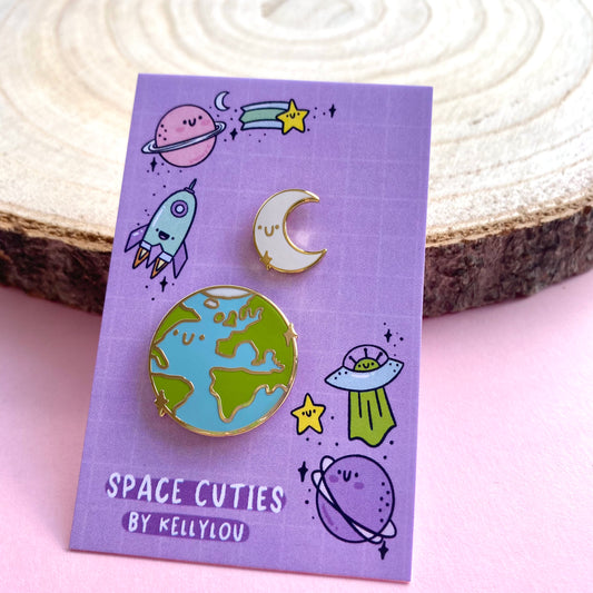 Earth & Mini Moon Space Cuties Pin Set